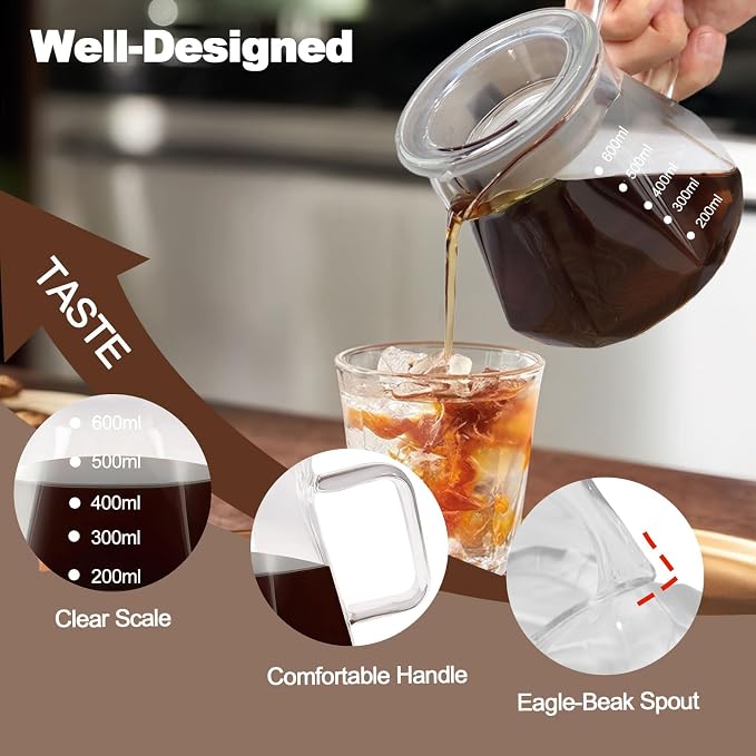 Pour Over Coffee Maker 20.3oz Portable Glass Coffee Maker High Borosilicate Glass Eagle Beak Spout Design with 100 Pcs Filter Paper Walnut Wood Base for Pour Over for Daily Brewing 600ml