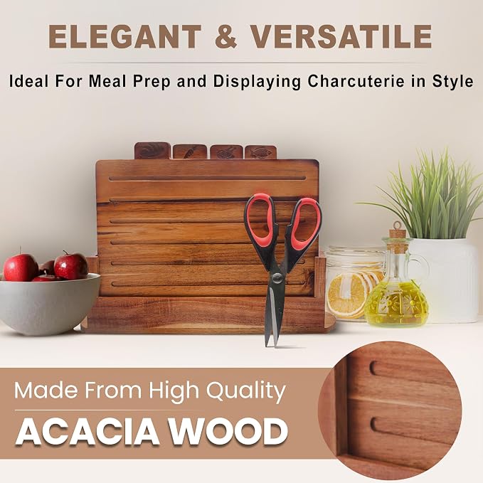 Acacia Wood Cutting Board Set with Scissors and Stand.