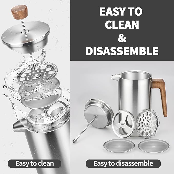 French Press Coffee Maker, 34oz Stainless Steel Coffee Press Real Wood Handle, Double Wall Insulated French Coffee Press with Dual-Filter Screen, Perfect for Camping & Kitchen Use