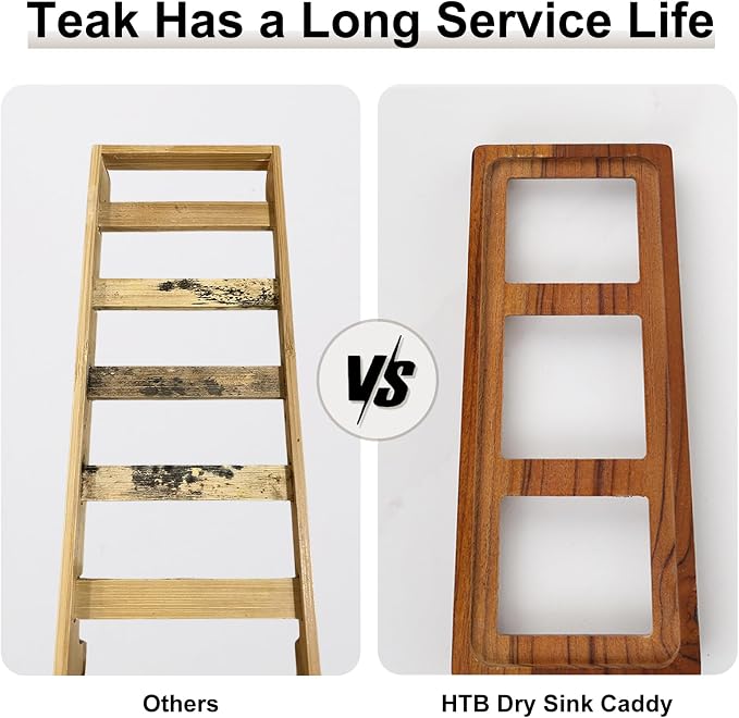 HTB Teak Instant Sink Caddy Organizer, Absorbing Stone Bathroom Tray Beige | Teak, Keep Dry, Caddy Organizer, Water Absorbing Stone, Non-Slip, Bathroom, Quick Drying, Warm Beige