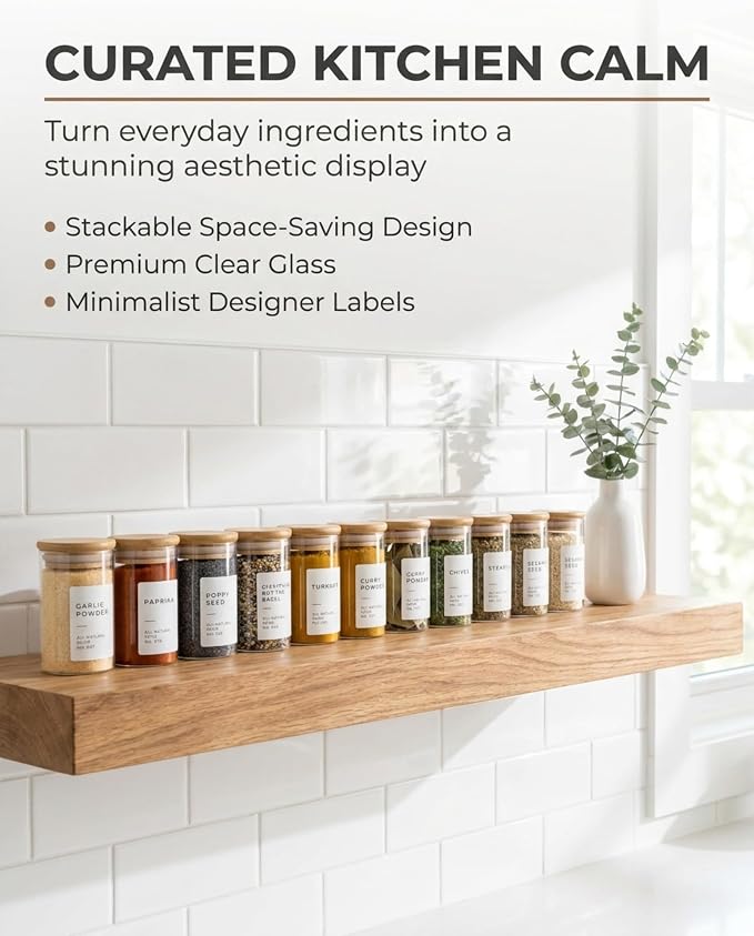 Glass Spice Jars with Label Pack (12x Bamboo Lid Glass Jar) Small 6oz Empty Spice Storage Bottles with 112 Printed Stickers and 48 Writable Pantry Labels for Seasoning Containers