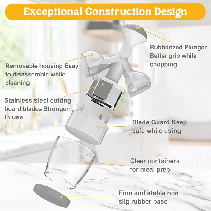 Food Chopper with Container, 360-Degree Blades, Dishwasher Safe, White | Onion & Vegetable Chopper,Handheld Garlic Nut Veggie Cutter,Clear Bowl for Easy Texture Checks,Smooth Push-Down Chopping