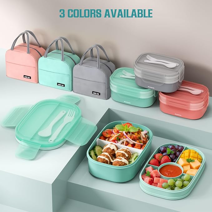 RIKDOKEN Bento Lunch Box, Stackable 2 Layers Containers with Compartments, Portable 64OZ Large Capacity Leakproof Bento Box with Spoon & Fork & Lunch Bag, Microwave Safe Lunch Box for Kids and Adults