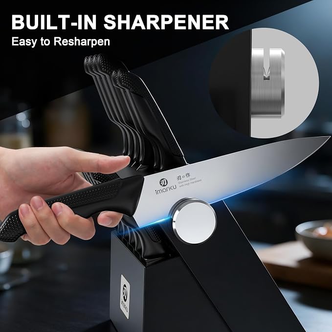 imarku 14-Pieces Stainless Steel Knife Set with Build-in Sharpener，Black | Kitchen Knife Set with Block|15°Precision Edge|56±2 HRC Hardness|Built-in sharpener|Ergonomic handles|Dishwasher safe