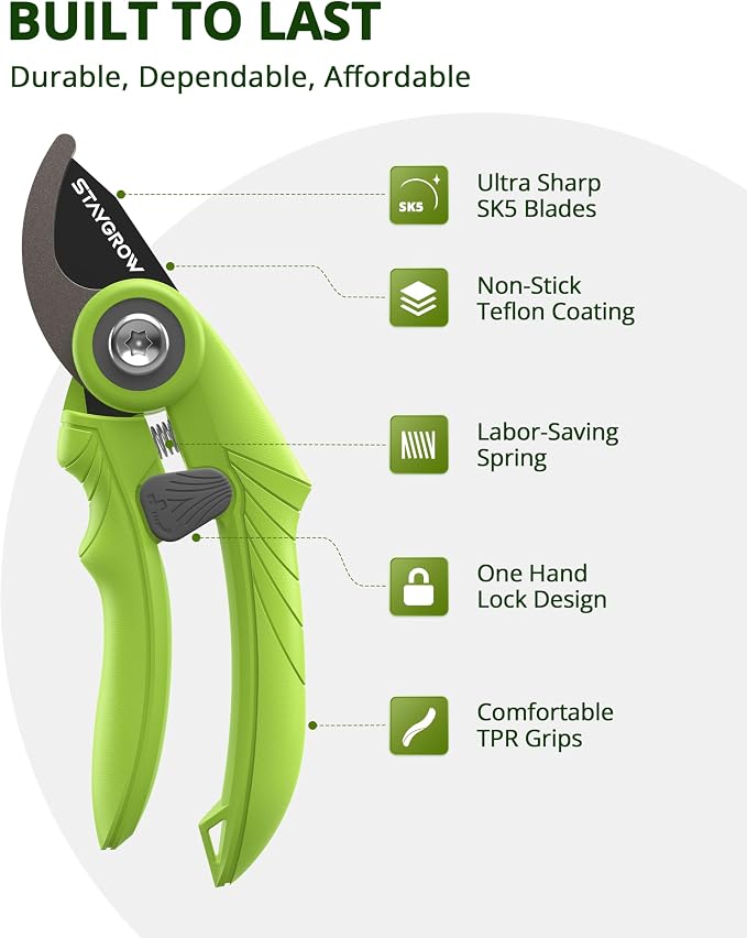 Garden Shears 6.9" Pruning Shears for Gardening Green | SK5 Stainless Steel Sharp Blades,Tree Trimmer Garden Scissors with Comfort Handle and Safety Lock,Gardening Hand Tools