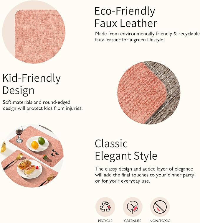 Maxpearl Faux Leather Placemats Set of 6, Easy to Clean, Peachy Pink | Waterproof - Heat Resistant - Non Slip - Wipe Clean Dining Table Place Mats, Suitable for Indoor & Outdoor Use, 17''×12''
