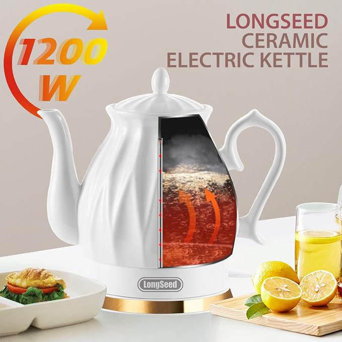Ceramic Electric Kettle, 1.5L/1200W Boil Water Quickly and Easily with Boil-Dry Protection Auto Shut Off, Detachable Swivel Base, Diamond Cut Glazed
