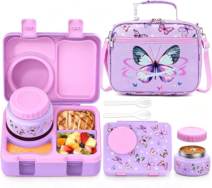 Bento Box for Kids, Leakproof Kids Lunch Box with 8.5OZ Thermo Food Jar & Lunch Bag, 3-4 Compartments Toddler Insulated Lunch Box for Girls, BPA Free Lunch Containers for School Daycare