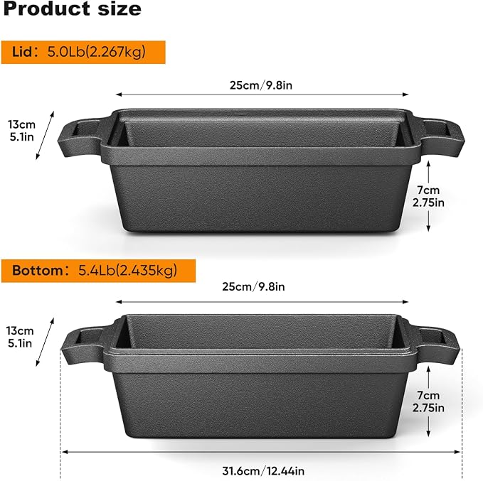 9×5 Inch Cast Iron Loaf Pan with Lid, 2 Pack Bread Pans for Baking | Premium cast iron loaf pan & bread pan set evenly distributes heat for crisp bread crusts. Multi-cooker compatible