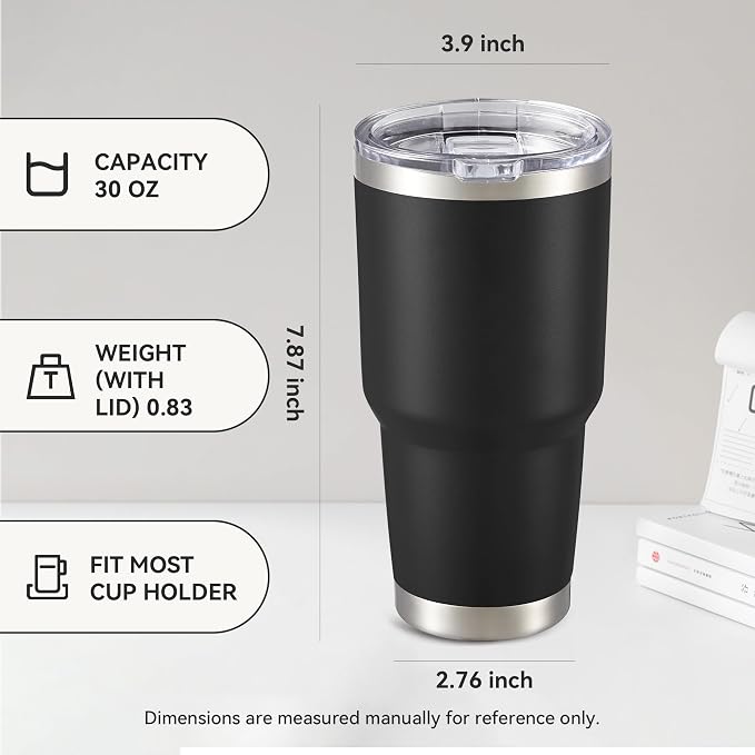 30 oz Tumbler with Lid Stainless Steel Tumblers Bulk, 4 Pack | Vacuum Insulated Cup, Leak Proof Lid, Powder Coated Travel Mug, Double Wall, Keep Cold Drinks for 12 Hours, Black