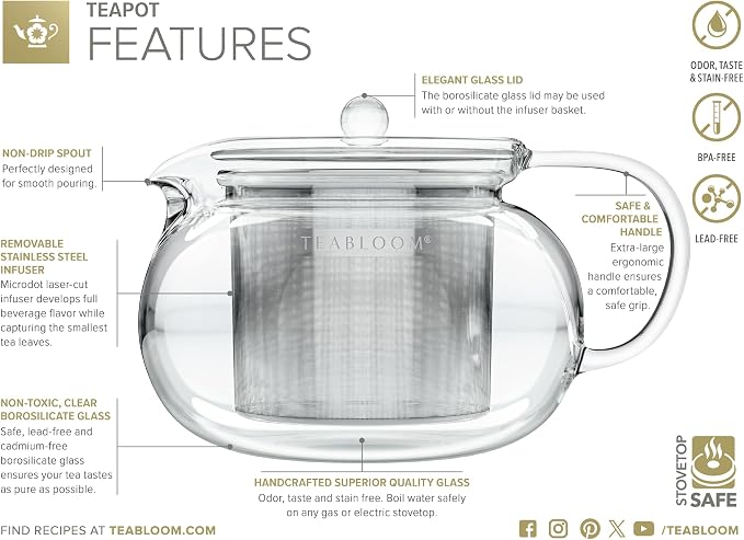 Teabloom Kyoto 2-in-1 Tea Kettle/Tea Maker – Heatproof Glass Teapot with Removable Loose Tea Filter – Tea Connoisseur's Choice