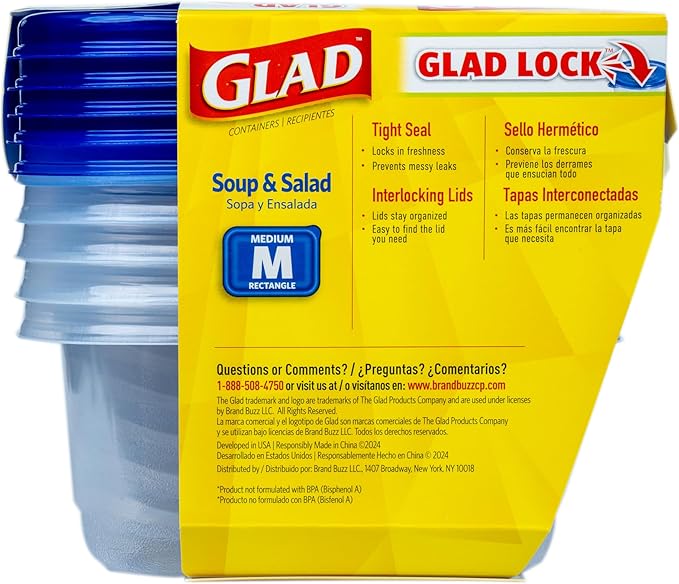 Glad GladWare Medium Rectangle Food Storage Containers, 24 Oz, 5 Count | Airtight, leak-resistant containers for soups, salads, and meal prep; microwave, dishwasher, and freezer safe