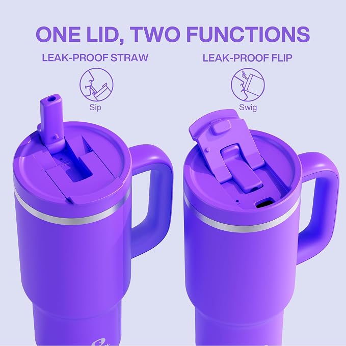 32 oz Tumbler with Handle and Straw: Stainless Steel Insulated Tumbler Keeps Cold for 24 Hours, Leakproof Travel Cup Fits in Cup Holder and BPA-Free,Violet