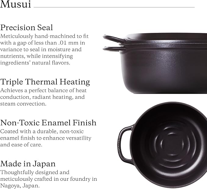 Vermicular Musui–Kamado Cast Iron Induction Cooker, Matte Black & Silver | Precision Temperature Control, Waterless Cooking, Non-Toxic Enameled Cast Iron Pot, Japanese Multicooker & Rice Cooker (120V)