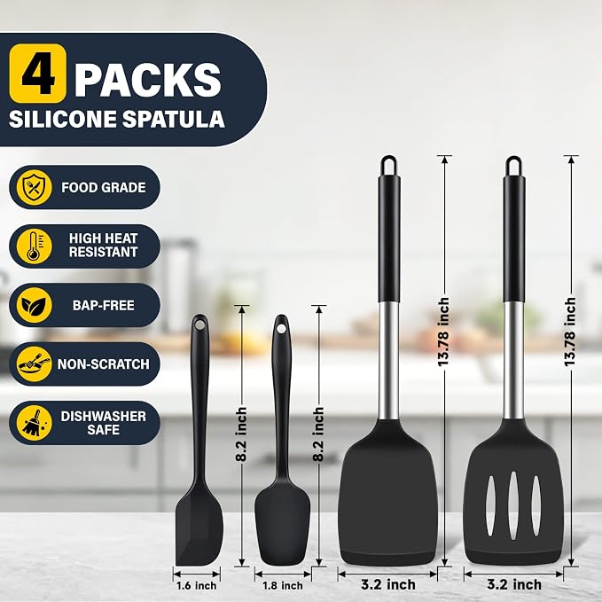 Silicone Spatula Set, Heat Resistant Solid & Slotted Turner for Non-Stick Pans, BPA-Free Silicone Cooking Utensils, Flexible Spatula for Flipping Eggs, Burgers, Pancakes, Fish, Black, 4 PCS-A