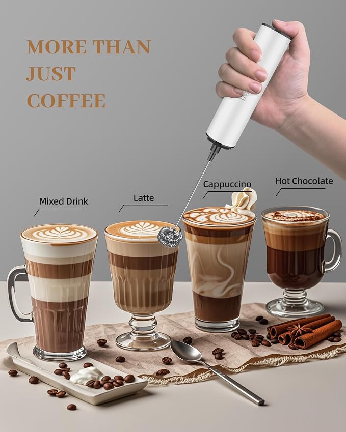 INFOOD Rechargeable Milk Frother with Cover, 2-Speed, 2 Whisks, White | Stainless Steel Body and Whisks, 2 Detachable Heads, for Lattes, Cappuccinos, Hot Chocolate, and Egg