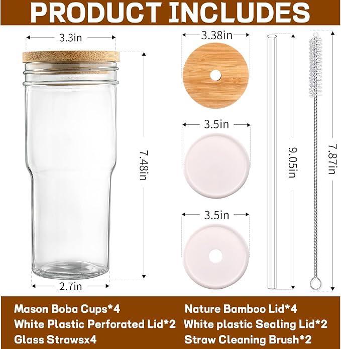 DWTS DANWEITESI Mason Jar with Lid and Straw,24 oz Iced Coffee Cup with Bamboo Lid and Straw,Boba Cups Smoothie Tumbler-Wide Mouth Reusable Glass Cups with Lid and Straws【4 Pack】 710ml