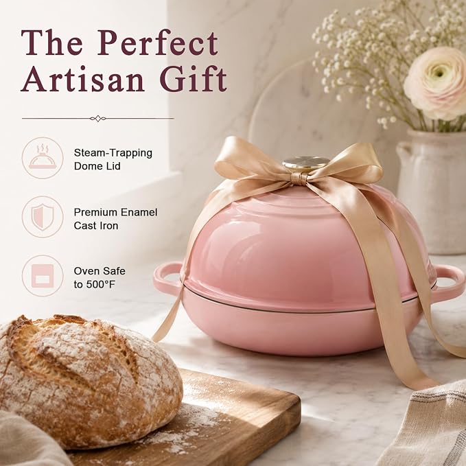 AHJ 6QT Enameled Cast Iron Dutch Oven for Sourdough Bread Baking | 7-Layer Construction Bread Oven with Proofing Basket, Silicone Sling and Mitts; Steam-Locking Dome, 500°F Safe, All Stovetops