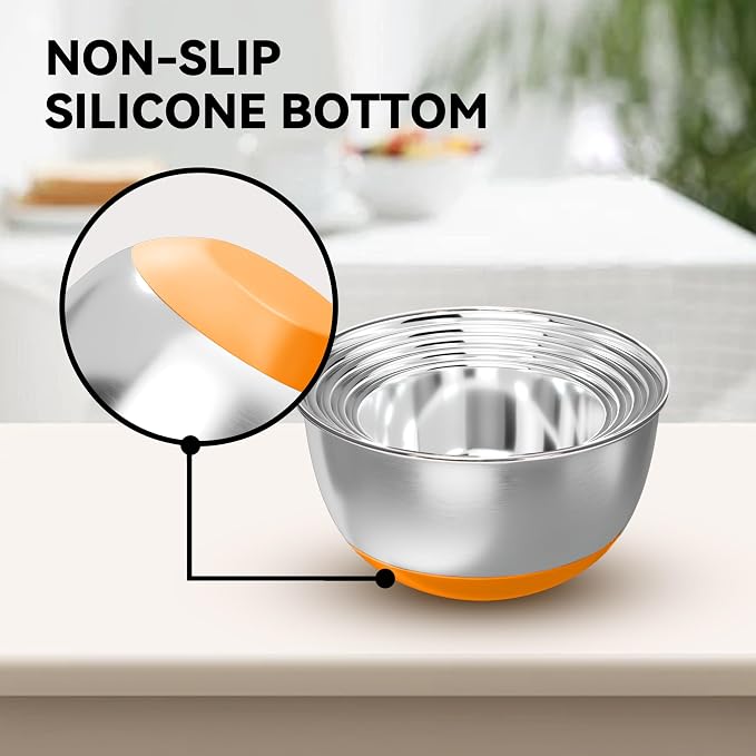 KITEISCAT Stainless Steel Mixing Bowls with Lids – Set of 5 Large Nesting Metal Bowls for Kitchen, Baking, Cooking, Food Prep & Storage, Non-Slip Base, Dishwasher Safe,Orange