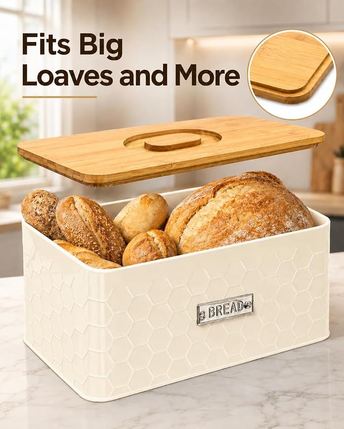 Bread Box for Countertop, Small Cream White Metal Bin, Bamboo Lid | Small farmhouse bread storage container and bread bin with cutting board lid for homemade bread and baked goods organization.