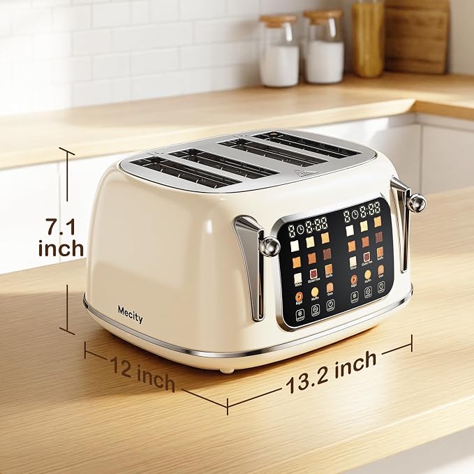 Mecity Toaster 4 Slice, Touch Screen Wide Slot Retro Toaster For Breads Bagel Muffin Waffle, House Warming Gift New Home, 120V 1650W, Cream Color