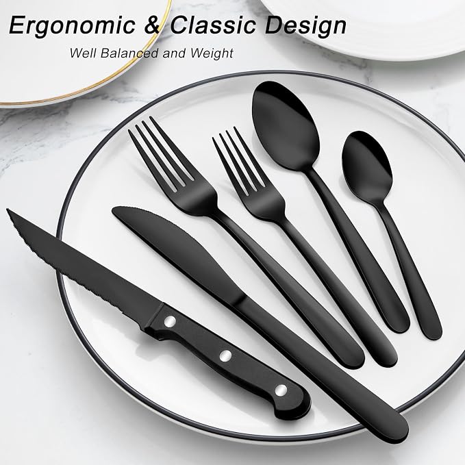 Pleafind 48-Pieces Black Silverware Sets for 8, Flatware Set with Steak Knives, Stainless Steel Cutlery Set, Include Forks Spoons and Knives Set, Dishwasher Safe Utensil Sets for Home Restaurant