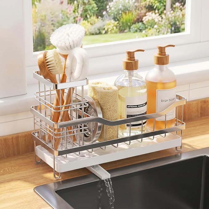Sink Caddy, Sponge Holder for Kitchen Sink, Silver | Self-draining Sink Organizer with Removable Brush Holder , Metal Sponge Rack for Countertop, Fits Soap Dispenser & Scrubber