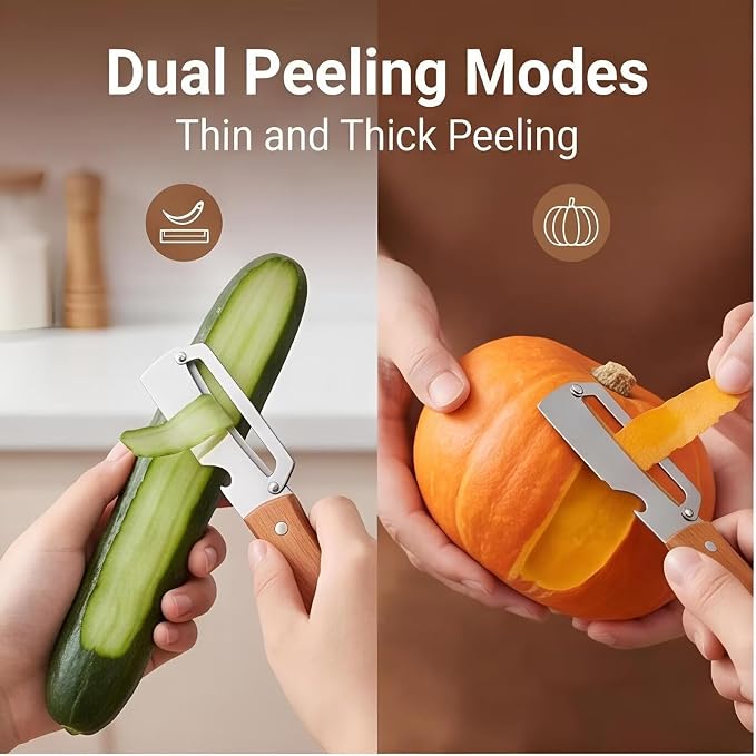 2Pcs Multifunctional Vegetable Peeler with Wooden Handle – 2026 Upgrade Odorless Stainless Steel Peeler, 2-in-1 & 3-in-1 Kitchen Gadget with Scallion Shredder & Bottle Opener – Home Cooking Essential