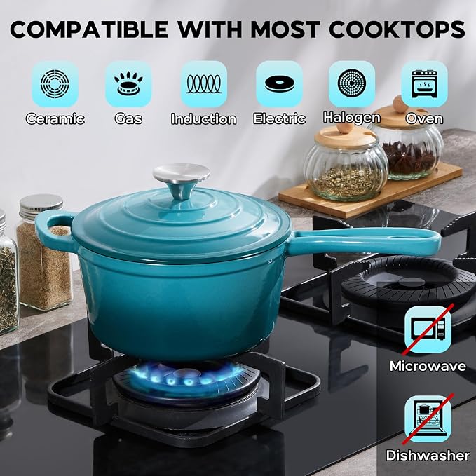 Onader Enameled Cast Iron Sauce Pan, 2QT Saucepan with Lid, Small Cast Iron Pot for Cooking, Enamel Dutch Oven Nonstick & Heavy Duty – Dark Cyan