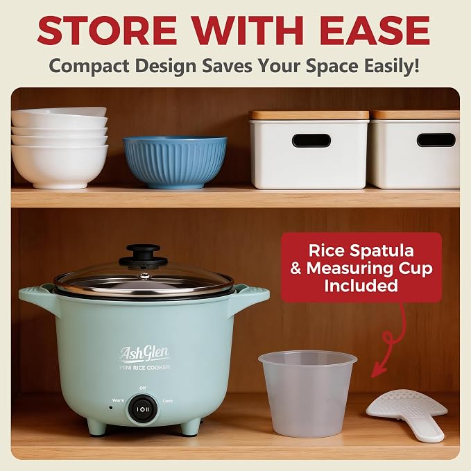 AshGlen Small Rice Cooker 2-Cup uncooked/ 4-Cup Cooked, Mini Hot Pot Electric, Mini Electric Pot, Ceramic Rice Cooker, Small Rice Steamer, Noodle & Oatmeal Cooker, Dual Modes, Single Serve, Aqua
