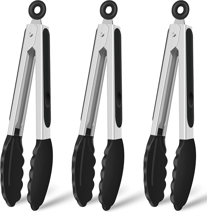 Hotec Silicone Serving Tongs for Cooking 9-Inch Kitchen Tongs with Silicone Tips, Set of 3 (Black)