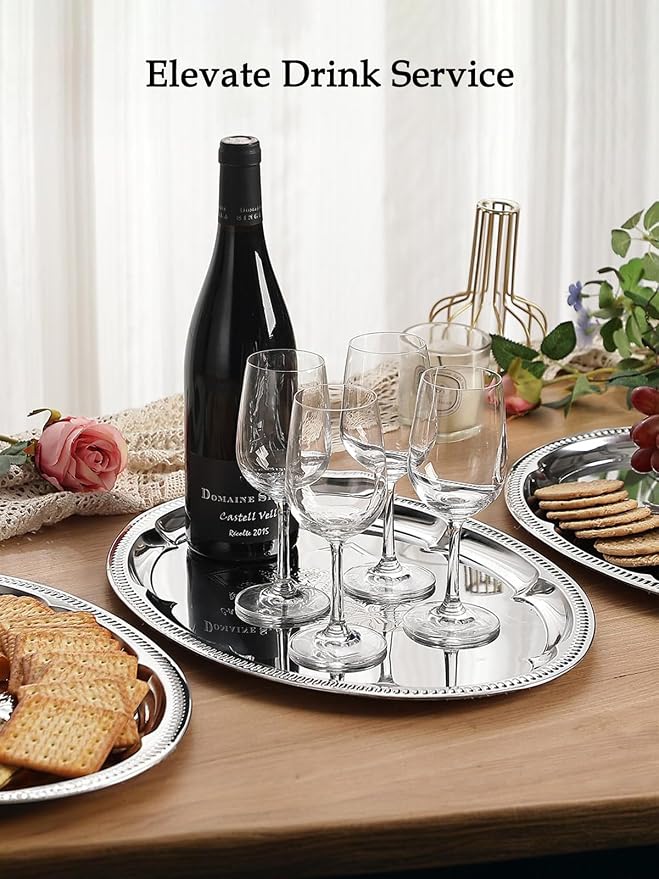 4-Pack 15.7" x 11.8" Silver Serving Trays for Party Set - Lightweight Oval Floral Engraved Silver Platter, Stainless Steel Wedding Vintage Tray for Food, Charcuterie, Cookie, Desserts