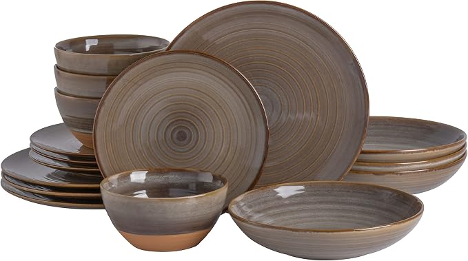 Gibson Elite 16 Piece Dreamweaver Double Bowl Terracotta Reactive Dinnerware Set - Earthy Brown, Service for 4 (16pcs)
