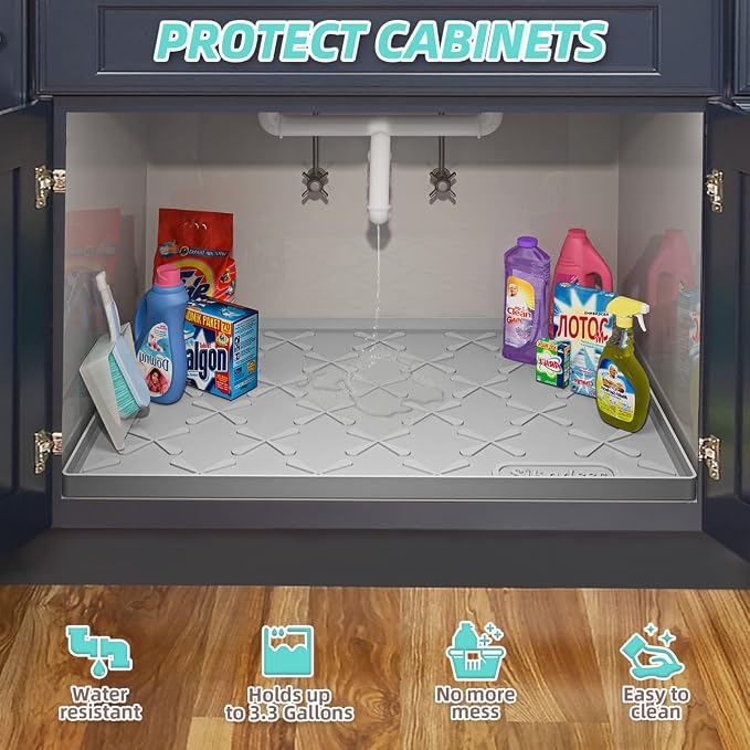 Waterproof Under Sink Mat Silicone 28" x 22" Kitchen Cabinet liner | BPA-Free Silicone Mat with Raised Lip Protects Cabinets from Leaks, Versatile Home Organizer for Bathroom, Pets, Boots, Floor