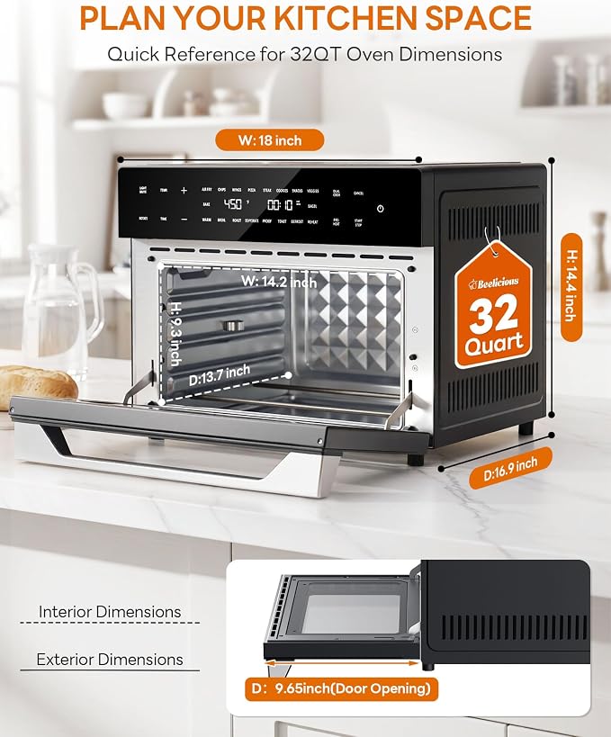 Beelicious 32QT Extra Large Air Fryer, 19-In-1 Air Fryer Toaster Oven Combo with Rotisserie and Dehydrator, Digital Convection Oven Countertop Airfryer Fit 13" Pizza, 6 Accessories, 1800w, Black
