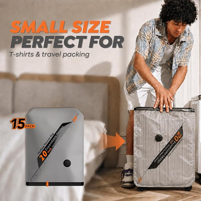 Rechargeable Wireless Pump Travel Storage Bags Set - 15 Pack Small Size Vacuum Bags for Travel & Home, Space-Saving Compression Packing for Clothes, Suitcase Luggage