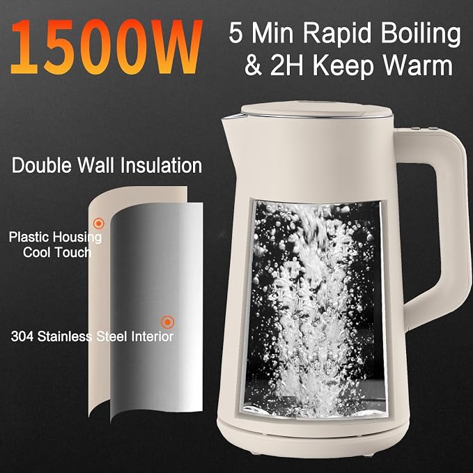 1.5L Electric Kettle Temperature Control, Cream White | Double Wall Cool Touch Teapot, Fast Boil, 5 Temperature Control, LED Display, Auto Shut-Off & Keep Warm