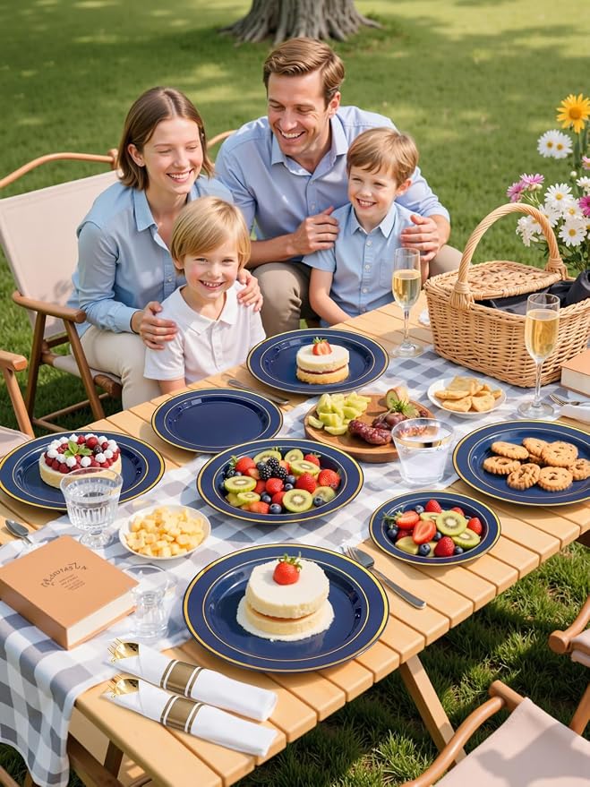 350PCS Navy Blue and Gold Plastic Plates with Rolled Napkins Include Dinner Plate 10’’, Dessert Plate 7’’, gold Cups 9 OZ, Pre Rolled Napkins for Birthday/Wedding/Party