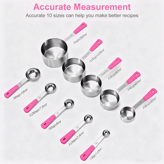 Bopei Measuring Cups and Spoons Set Stainless Steel 10 Piece for Cooking and Baking (5 Cups + 5 Spoons, Pink Handle)