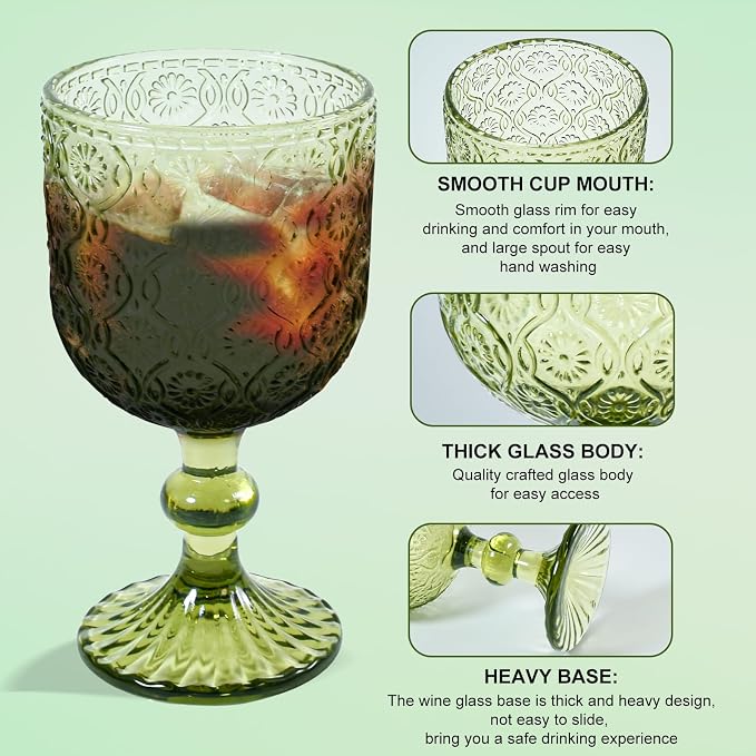CHLJAR Green Vintage Wine Glasses set of 6 Goblets Glassware, 14 oz Green Wine Glasses, Vintage Colored Glass Goblet for Wedding, Party, Red Wine Glass, Bars, Restaurants Dishwasher Safe