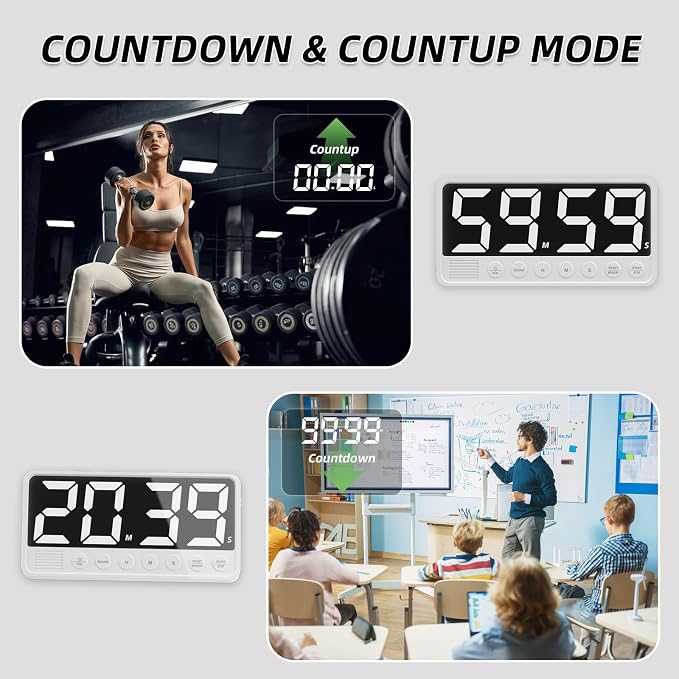 Extra-Large Display Digital Kitchen Timer with 7.4” LED Screen, 6 Alarms & 4 Volume Levels, 3 Memory Presets, Magnetic Stand Rechargeable Count Down/Up Timer for Cooking Home Gym, White