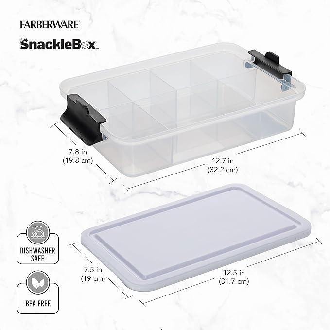 Farberware Small Build-a-Board Snacklebox with Locking Plastic Cutting Board Lid, Portable Charcuterie Storage with 7 Compartments (Pack of 4)