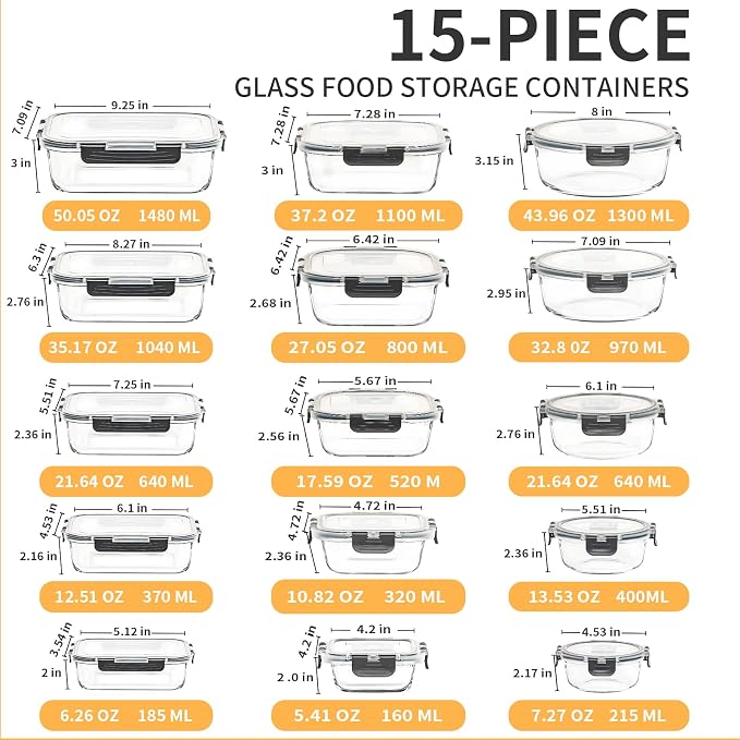 Skroam 30 Pcs Glass Meal Prep Containers, Food Storage Containers with Lids | Lunch Containers, Microwave, Oven, Freezer and Dishwasher Safe, Borosilicate Glass, Airtight & Leakproof, Organize with Ease