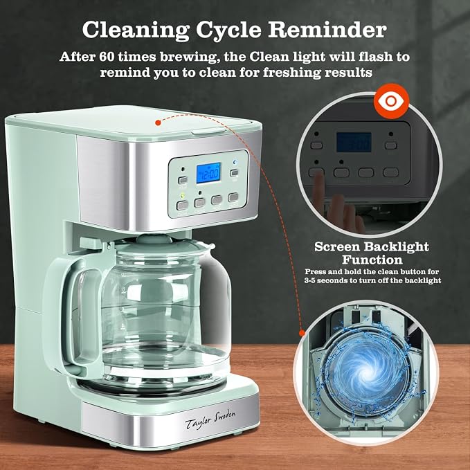 Taylor Swoden 12-Cup Programmable Coffee Maker, Green & Stainless Steel | Regular & Strong Brew Drip Coffee Machine for Home and Office, 24H Timer, Glass Carafe, Pause & Serve, Auto Shut Off