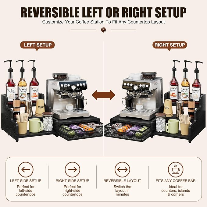 Coffee Station Organizer Compatible with Nespresso Vertuo Pods, Holds 48 Small or 32 Large Pods, 3-Tier Coffee Bar Organizer with K-Cup Holder, Coffee Pod Drawer & Syrup Cups Rack for Accessories