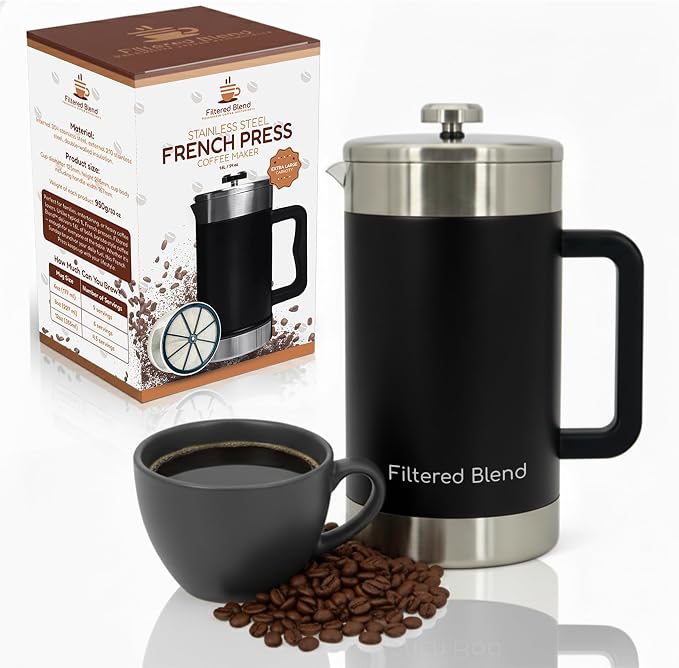 54 oz French Press Coffee Maker, Stainless Steel, Double Filter, Black | 54 oz Capacity, French Press Coffee Maker, Stainless Steel, Double Mesh Filter, Hot & Cold Brewer, Travel Friendly, Black