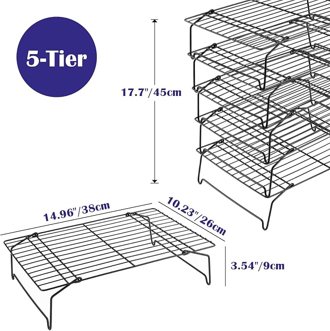 Leonyo 5-Tier Collapsible Cooling Rack for Cooking and Baking, 15 x10 Inch | Stainless Steel Baking Cooking with Foldable Feet, Non-toxic Coating & Heat-resistant up to 575℉, Black