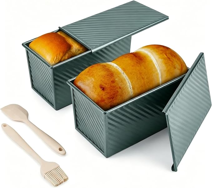 CARTMAN 2-Pack 1 LB Pullman Loaf Pan with Lid, Carbon Steel Set, Green | Includes spatula & brush, 1 lb dough capacity, nonstick carbon steel, bottom vents, ideal for square bread & toast slices