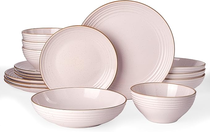 Famiware Jupiter Stoneware Dinnerware Sets with Pasta Bowls, Dishes for 4 | 16 pcs Speckled Plates and Double Bowls with Rim, Chip & Scratch Resistant, Microwave & Dishwasher Safe, Modern Neutral Pink