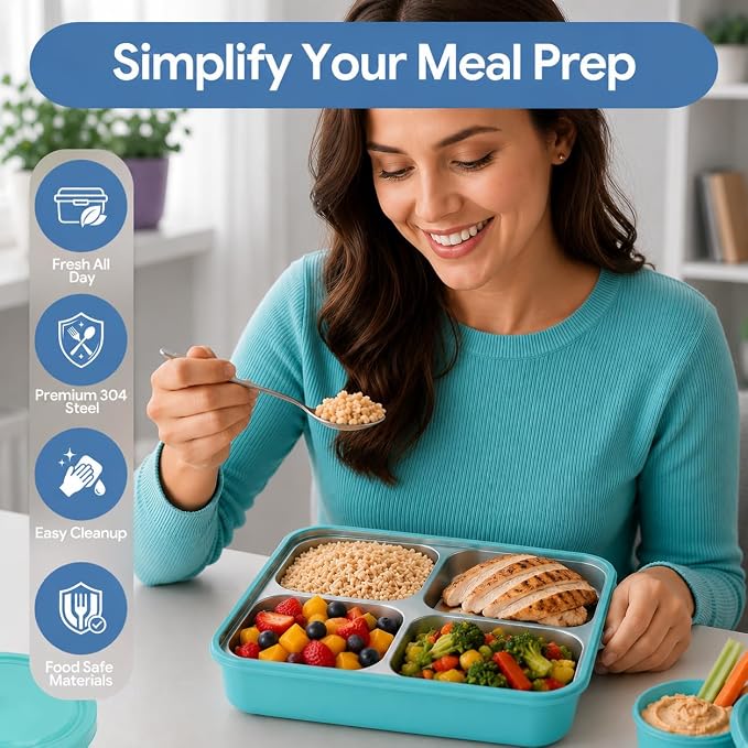 Large 11" x 8" Stainless Steel Bento Lunch Box for Adults with 4 Compartments Leakproof Lid BPA-Free 304 Stainless Steel Food Container That Keeps Food Separate, Ideal for Office and Travel use, Blue